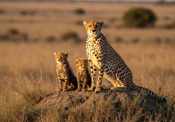 Naklejka premium A mother cheetah sits with her two cubs on a termite mound in the african savanna at sunset, showcasing their spotted coats and alert expressions