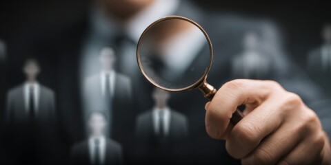 Business professional using magnifying glass to find potential candidates in a digital recruitment concept for modern hiring solutions and workforce strategy