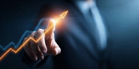 Businessman pointing to upward trend indicator for 2024, symbolizing growth, success, and future predictions in financial and economic planning