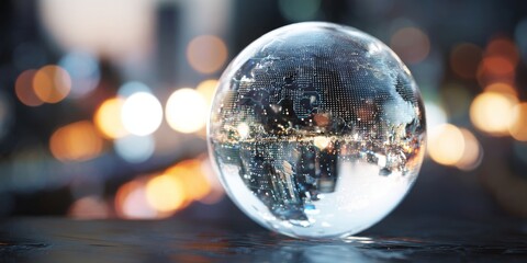 Futuristic Concept Image Showcasing a Digital Globe and Technology Elements in a Business Setting Representing the Year 2024 with Bright Bokeh Lights