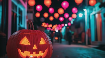 A vibrant Halloween street party with carved pumpkins, costumes, and eerie lights