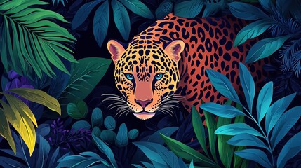 A vibrant jungle scene with a jaguar prowling through dense foliage