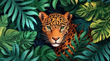 A vibrant jungle scene with a jaguar prowling through dense foliage