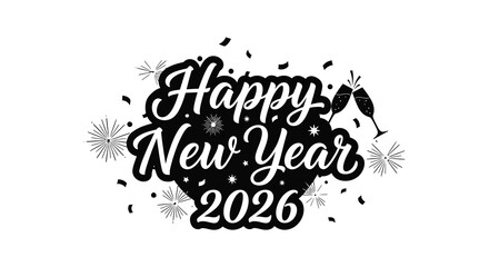 Festive new year celebration design with sparkling elements and bold typography silhouette