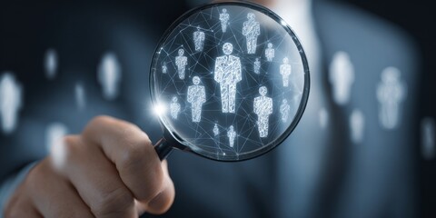Businessman Examining Digital Network of Professionals Through Magnifying Glass for Insights on Team Dynamics and Collaboration Strategies