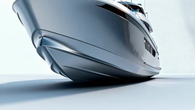Closeup medium shot of a streamlined vessel hull design highlighting aerodynamic contours designed to enhance speed and reduce water drag.