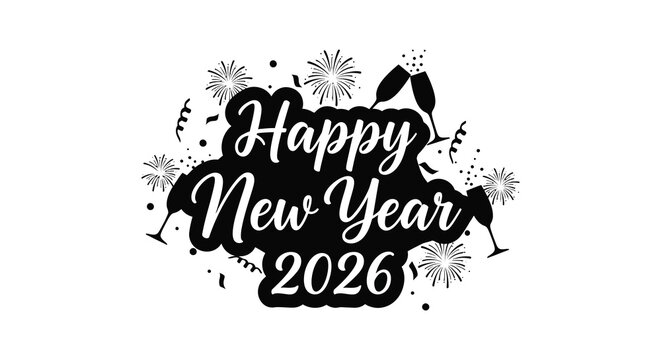 Festive new year celebration design with champagne glasses fireworks and text silhouette - Powered by Adobe