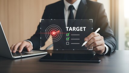 Businessman analyzing data on digital tablet with target interface and laptop nearby