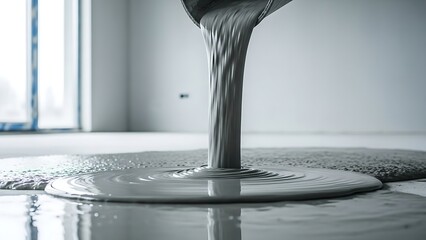 Self-leveling compound being poured onto a concrete floor for a smooth finish