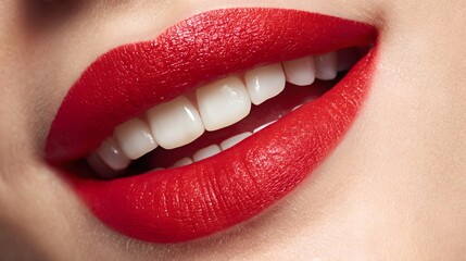 Close-up of a womans smiling mouth with vibrant red lipstick and perfect white teeth.