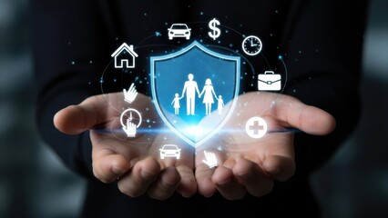 Comprehensive Insurance Protection: Hands holding glowing family shield icon with home, car, and financial security documentation symbols