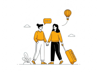 Two friends or couple traveling together with luggage and hot air balloon isolated on transparent background