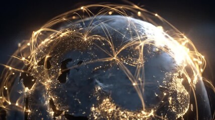 Night Earth globe with golden network arcs enveloping continents, symbolizing planetary connectivity - Powered by Adobe