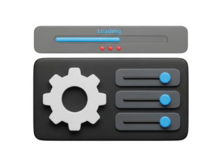 A graphic illustration of a loading bar and settings panel with gear icon isolated on transparent background