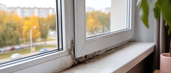 Mold growth in window corner of apartment with condensation visible on the glass in a residential area during autumn season