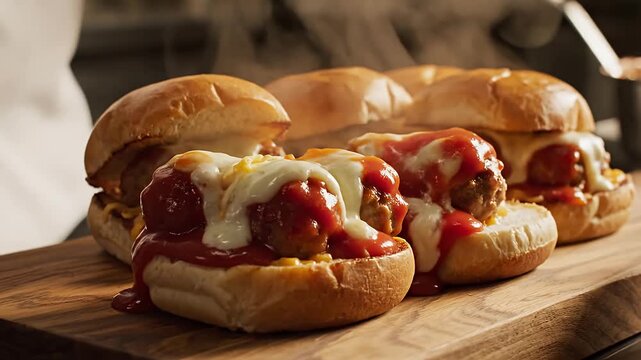 Delicious Meatball Subs Being Prepared with Sauce and Cheese.