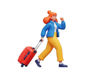 A cartoon woman walking with a red suitcase isolated on transparent background