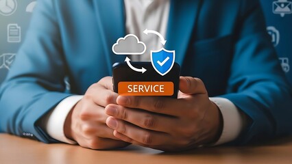 Businessman using secure cloud service on smartphone with shield icon and checkmark