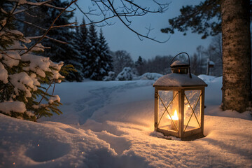 Winter Lantern Glowing in Snowy Forest Evening