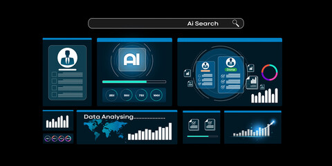 Business analyzing data using AI technology to work with tools, AI seo, search, Flowchart, wolrd smart technology and artificial intelligence concept. Isolated on black background