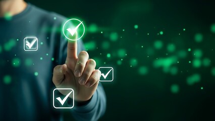 A person interacting with a futuristic digital interface with glowing green checkmarks