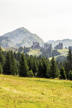 View of a vibrant meadow leading to a dense forest, with striking buildings nestled on a distant hill against a backdrop of majestic mountains, Morzine, Auvergne Rhone Alpes, France.