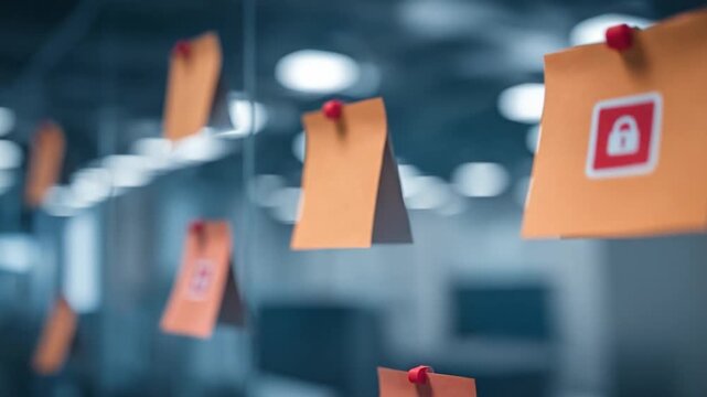 Post-it Notes: A collection of sticky notes is pinned to a glass wall, each carrying a simple icon of a lock symbolizing security and privacy in the digital age, suggesting a focus on protection