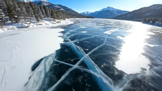 Frozen lake with cracked ice and snowy forest