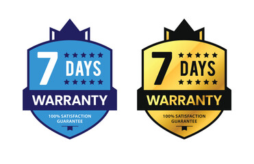 7 Days Warranty badge with unique gold shield and ribbon. For label, icon, seal, sign, stickers, tags, logo, symbol, stamp, template. Vector illustration
