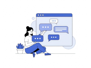 Woman sitting and interacting with a large chat window on a computer screen with speech bubbles isolated on transparent background