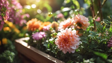 Close-up of vibrant pink and orange dahlia flowers blooming in a garden planter bathed in warm sunlight.