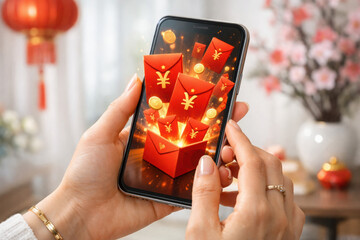 Chinese new year celebration: red envelopes and lucky symbols on smartphone screen