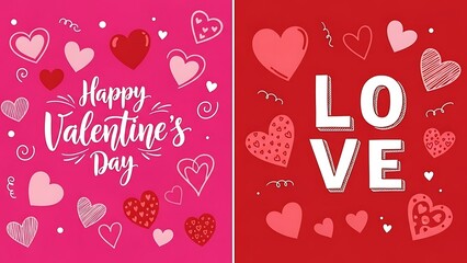 Valentine's Day hearts and love typography on pink and red backgrounds