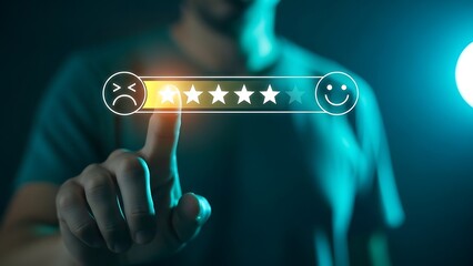 A person interacting with a futuristic rating system interface with glowing stars