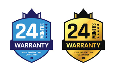 24 Month Warranty badge with unique gold shield and ribbon. For label, icon, seal, sign, stickers, tags, logo, symbol, stamp, template. Vector illustration