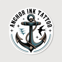 Anchor Ink Tattoo round badge with rope circle, swallow and stars, classic maritime tattoo logo vector for studio branding, stickers and apparel