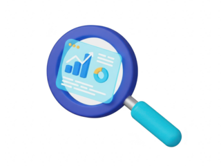 Magnifying glass with a graph and chart on a screen isolated on transparent background for business analysis