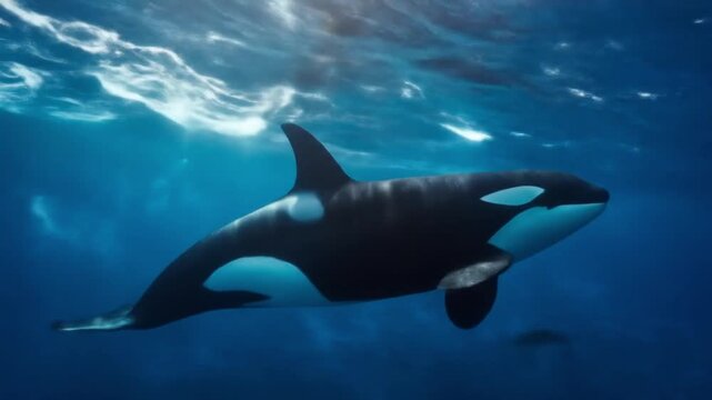 Underwater scene of a large orca gliding beneath sunlit blue water, dorsal fin prominent under glow
