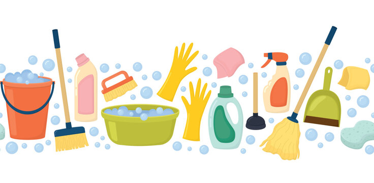 Seamless border with brush, sponge, spray, bucket, rubber gloves, mop, bottles, soap bubbles. Horizontal background with bright objects for cleaning