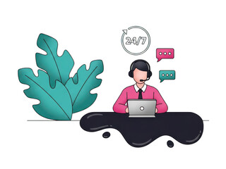 Customer support representative working on laptop with chat bubbles and plant nearby on transparent background