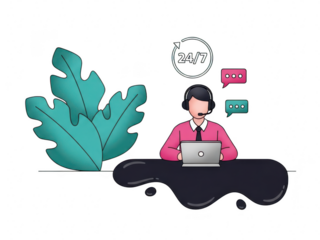 Customer support representative working on laptop with chat bubbles and plant nearby on transparent background