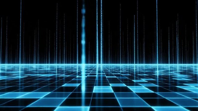 Futuristic grid with neon blue lines and dark background