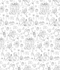 Galentines Day Seamless Pattern, Women Friendship Line Art Vector Illustration