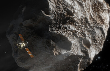 Satellite in Space passing asteroid