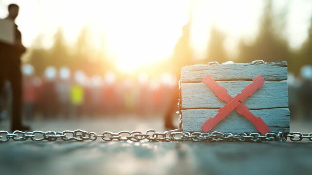 Barricade Protest: An evocative image capturing the essence of protest and restriction, featuring a handmade barricade marked with a red cross, symbolizing denial and resistance.