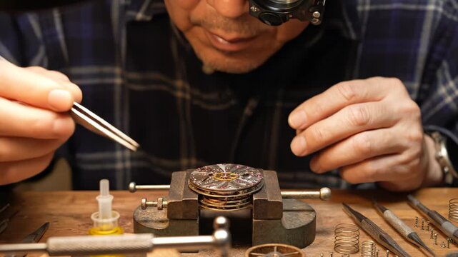 Watchmaker repairing intricate clockwork
