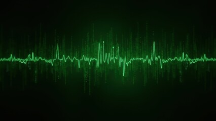 Fototapeta premium Pulsating green audio waveform equalizer display with glowing neon peaks and valleys, digital sound visualization on dark matrix background with particle effects