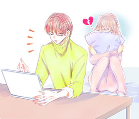 ノートパソコンに向かって笑顔で話している男性と悲し気な女性