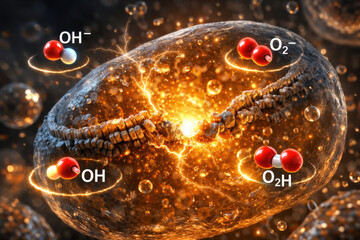 Cellular membrane oxidative damage caused by hydroxyl radical attack with luminescent cytoplasm visualization depicting molecular destruction at microscopic level