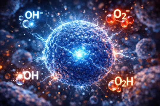 Hydroxyl radical molecule surrounding glowing blue cellular structure demonstrating oxidative stress damage and biochemical reaction in biological system